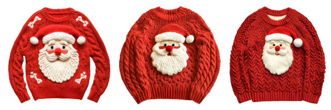 Three festive red cableknit christmas sweaters, each adorned with an appliqu santa face, isolated on transparent background
