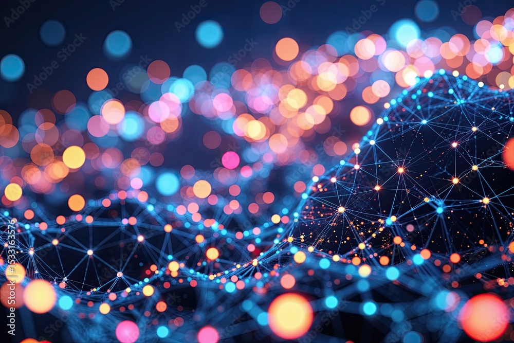 Poster futuristic 3d network visualization with vibrant bokeh and global data flow dynamics