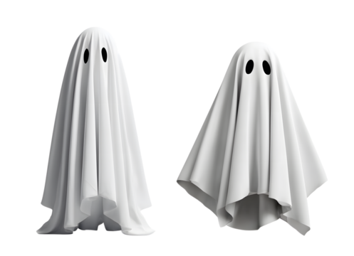 Two simple white ghosts, isolated on transparent background, stand facing each other
