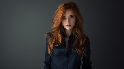 Fototapeta premium Professional Portrait of a Red-Haired Woman in Blue Shirt on Grey Background