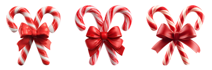 Three pairs of candy canes, adorned with shiny red bows, isolated on transparent background