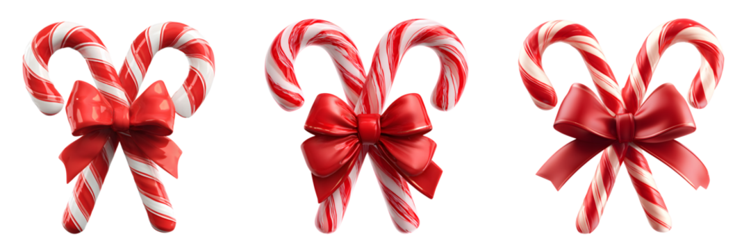 Three pairs of candy canes, adorned with shiny red bows, isolated on transparent background