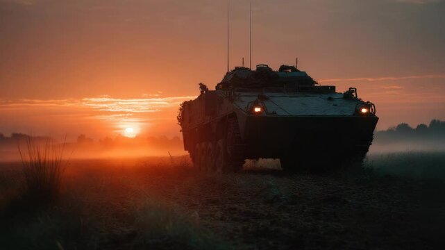 Military unknown armored vehicle at sunset, powerful army transport during golden hour, epic sunset scene for military video advertisement.  This powerful machine represents strength and defense
