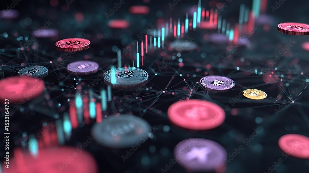 Poster 3d rendered concept of forex trading graphs and blockchain elements