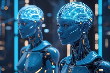Naklejka premium Futuristic Humanoid Robot with Digital Brain and Cutting-Edge Technology in Blue Colors