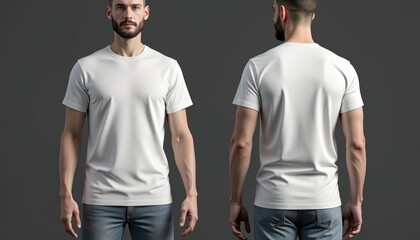 Male Model in White T-Shirt Front and Back View. Mockup template for design print.