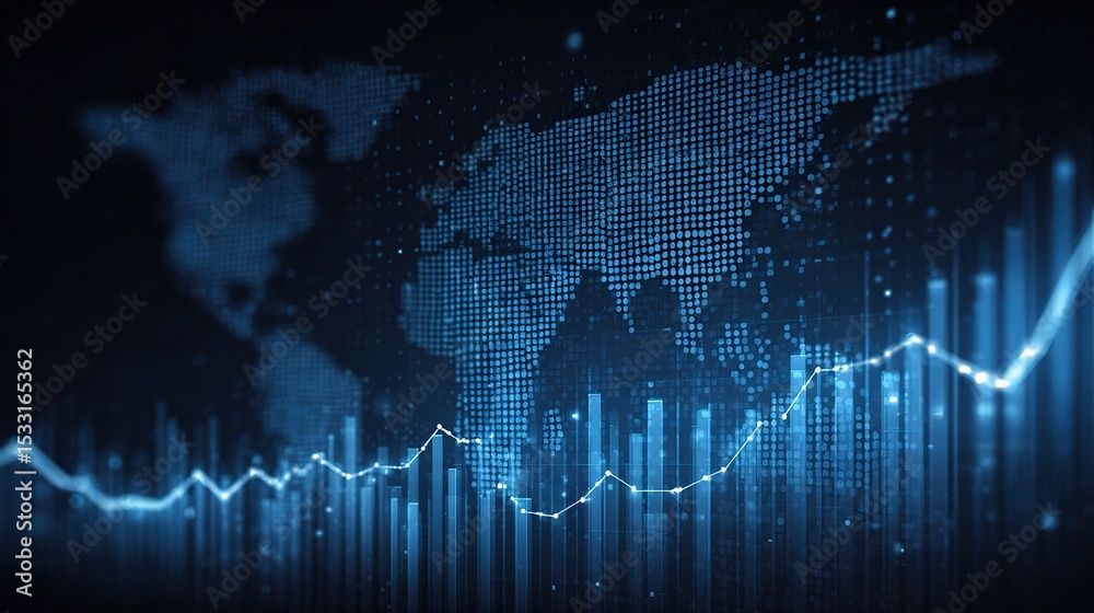 Poster dark tech mesh background with faint world map and data visualization