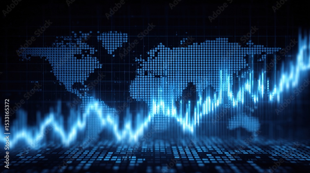 Poster glowing tech background with world map outline and graph elements