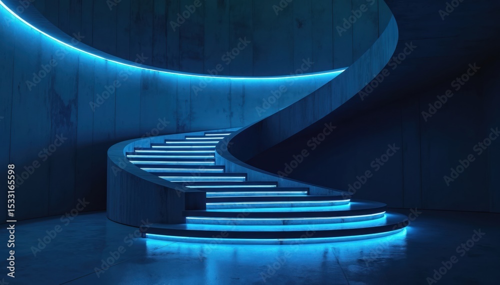Poster modern concrete spiral staircase lit with blue neon lights in dark architectural space. contemporary