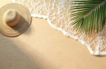 Naklejka na ściany i meble Top view sandy beach. Calm ocean wave, hat palm leaf. Summer vacation rest concept. Beach mockup template, backdrop for advertising spa services, cosmetics, beauty salons, wellness. Relax, travel,