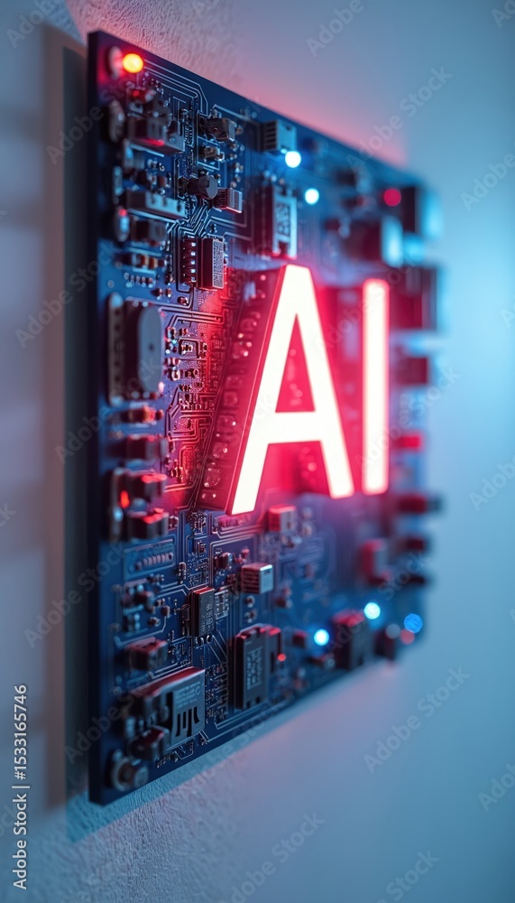 Aufkleber AI symbol illuminates on circuit board. Modern tech, electronic circuit. Computer technology, data processing, digital transformation. Future innovation, artificial intelligence concept.