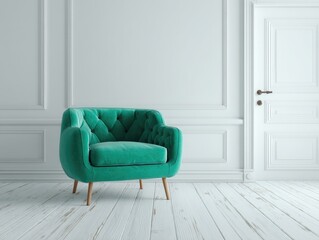 Teal velvet armchair in a minimalist white room with wood floors and paneled walls, near a closed white door