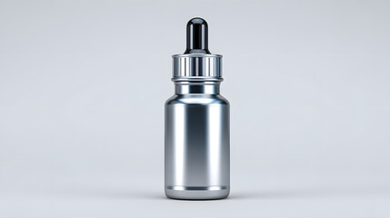 Silver dropper bottle with black cap, standing upright on light background, used for skincare or cosmetic serum, modern and minimalistic design, clean and elegant