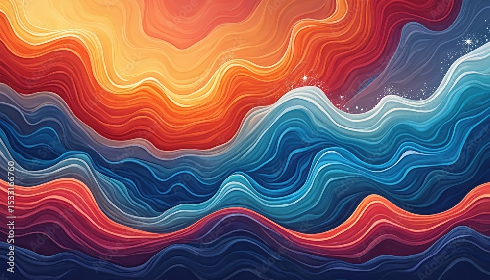Poster abstract artwork features flowing, multicolored waves. captivating blend warm, cool tones. dynamic d