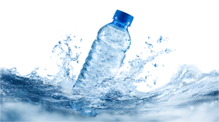 A refreshing blue plastic water bottle plunges into a wave, isolated on transparent background