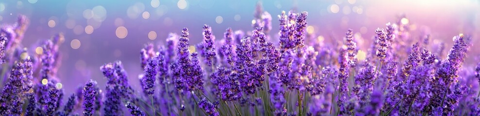Obraz premium Vibrant purple lavender blossoms bathed in soft, bokeh-filled sunlight, creating a serene and dreamy atmosphere
