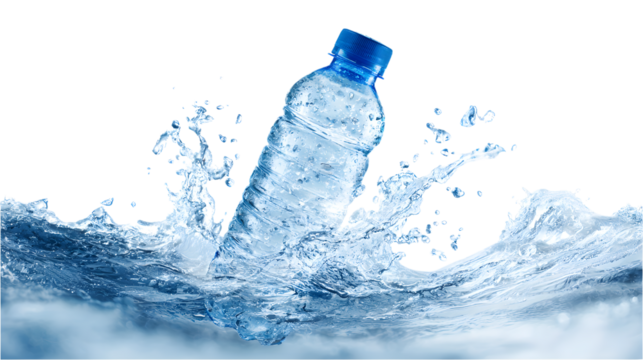A refreshing blue plastic water bottle plunges into a wave, isolated on transparent background
