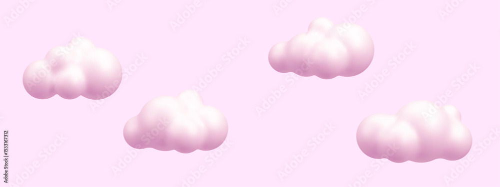 Poster Group of 3d light pink puffy cartoon clouds floating isolated on a pale pink background in a playful style. Vector graphics.