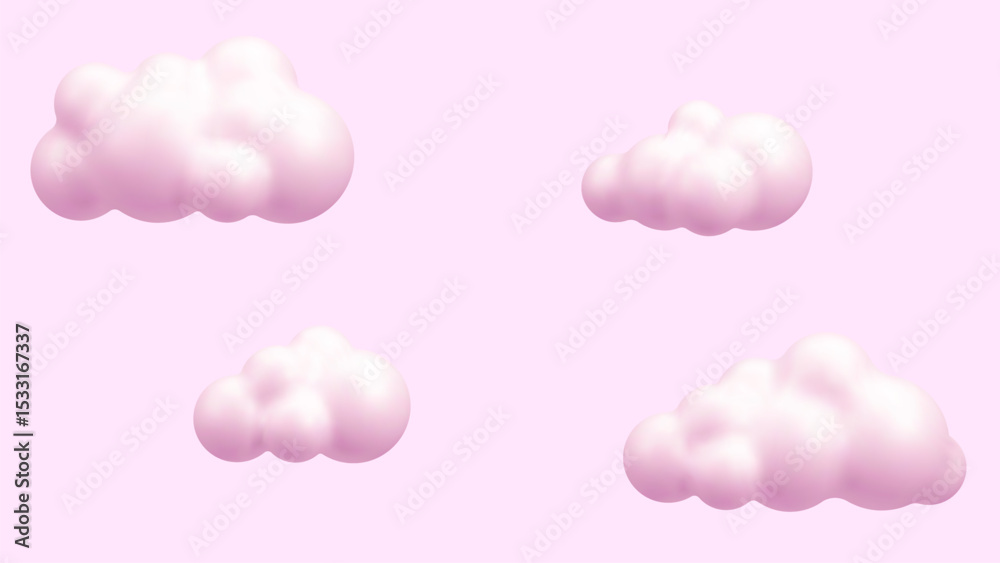 Poster multiple 3d render pink clouds floating on a pink background. cute concept for dreamscapes and sky t