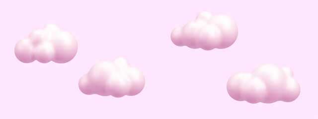 Group of 3d light pink puffy cartoon clouds floating isolated on a pale pink background in a playful style. Vector graphics.