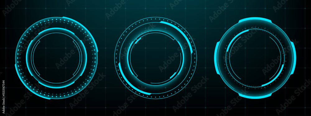 Fototapete Three blue futuristic hud vector graphic circles on a grid background. Tech interface display for data visualization.