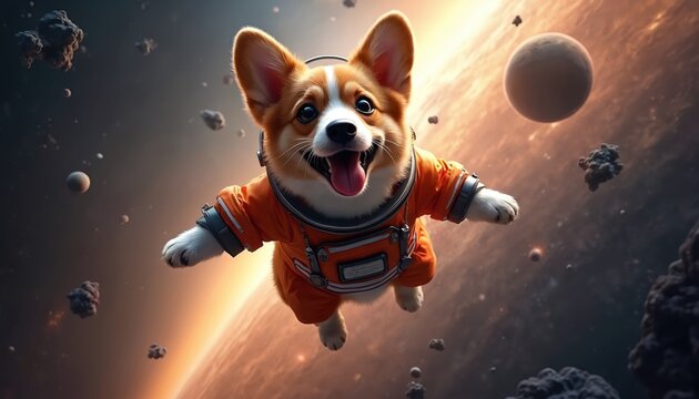 Corgi dog in orange spacesuit explores space, galaxy. Astronaut pet in cosmic adventure, stars, planets, nebulae, space travel. Science fiction art, cartoon, funny, adorable, dream.