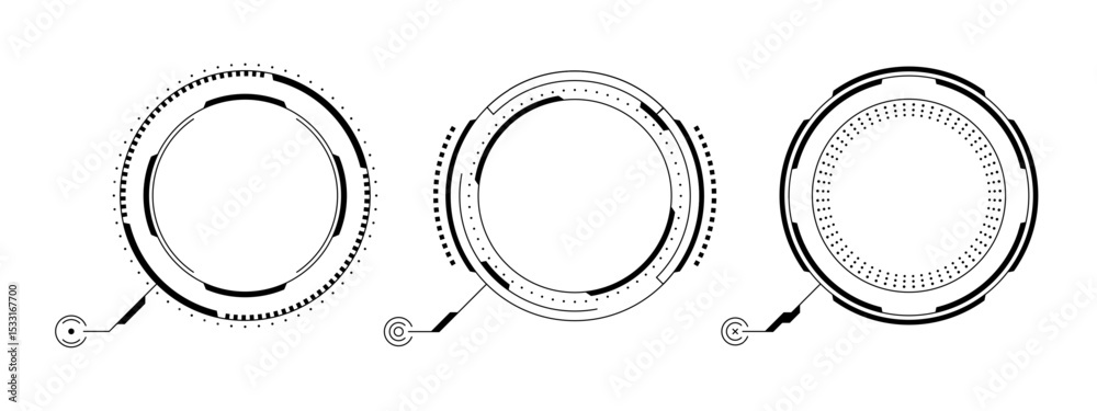 Poster Set of black and white head up display elements. Circle hud frames with target markers for future technology.
