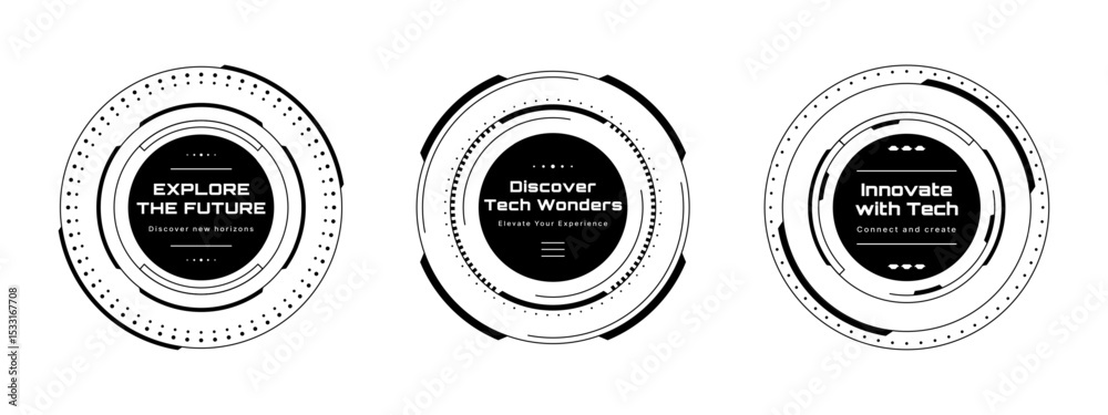 Poster Three hud vector graphic circles with text, explore future, discover tech wonders, innovate with tech concepts.