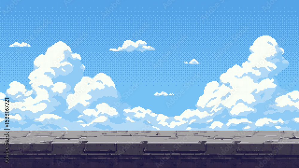 Aufkleber pixel art game level with a blue sky and white clouds, a flat stone platform, empty background for d