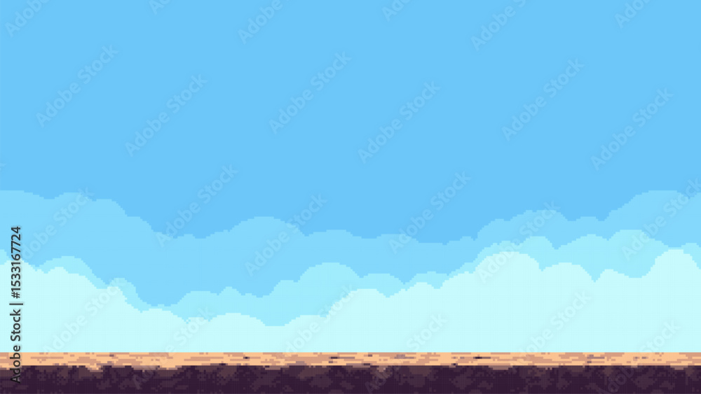 Poster pixel art game level vector banner with blue sky, clouds, and brown ground. retro 8 bit style digita