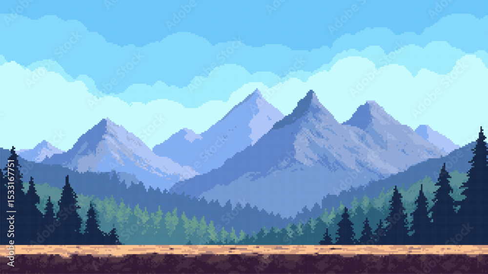 Poster Pixel art game level vector with mountain background. Platformer game scene. Adventure gaming environment design for video game.