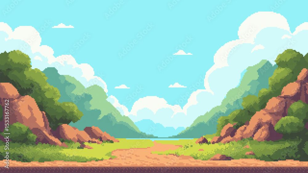 Poster pixel art game level vector displaying a vibrant valley with green hills and a blue sky for retro ga
