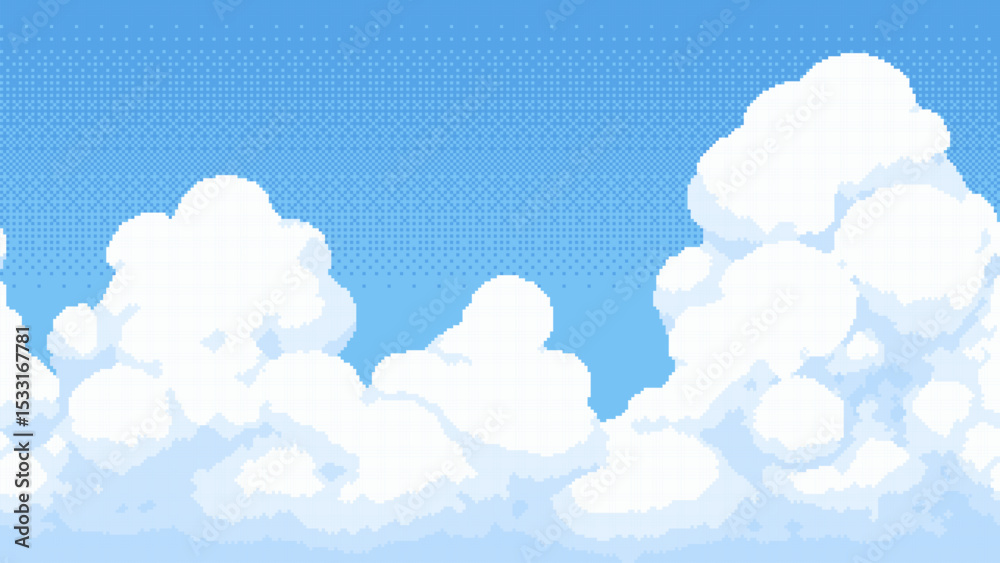 Aufkleber Pixel art cloud and sky background with blue color for game level. Game environment element in old retro style. Vector graphics.