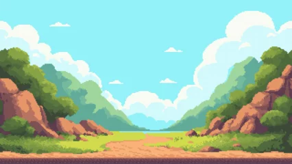 Fototapete Rund Hellblau Pixel art game level vector displaying a vibrant valley with green hills and a blue sky for retro gaming background.  © hiten666