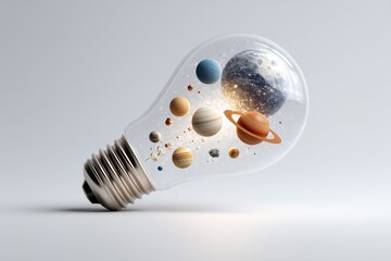 A glass lightbulb, tilted, contains a miniature solar system; planets, asteroids, and sparkling dust are visible within