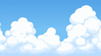 Fototapeta premium Pixel art cloud and sky background with blue color for game level. Game environment element in old retro style. Vector graphics.