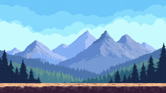 Pixel art game level vector with mountain background. Platformer game scene. Adventure gaming environment design for video game.