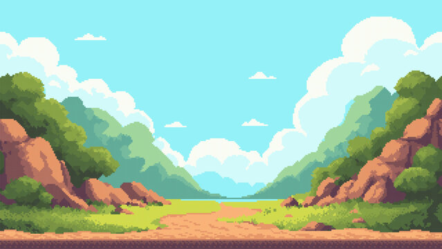 Pixel art game level vector displaying a vibrant valley with green hills and a blue sky for retro gaming background.