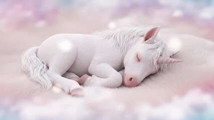 Cute baby unicorn sleeping peacefully on soft white fur. Magical fantasy animal dream. Sweet myth creature, lovely childhood concept.