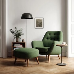 A sage green armchair and ottoman set in a minimalist room, accompanied by a floor lamp, side table, and framed print