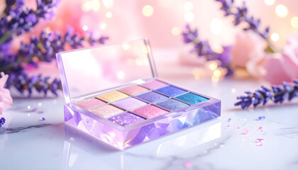 Elegant eyeshadow palette with shimmer tones, roses, and sparkles on marble surface with romantic and glamorous lighting