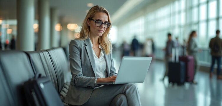 Businesswoman works on laptop sitting in airport terminal. Young pro woman in suit checks email at lounge. Female entrepreneur typing on computer, waiting for flight, browsing web. Travel, business