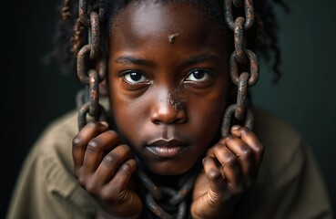 Young black child framed metal chains. Image symbolize slavery, struggle, freedom. Remembering International Day. Symbol of oppression, human rights, suffering, pain. Against black background.