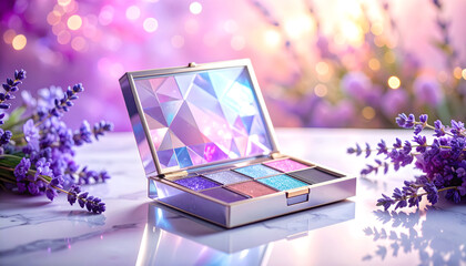 Open eyeshadow palette with shimmering pastel tones on marble surface, surrounded by roses and sparkles in a dreamy romantic atmosphere