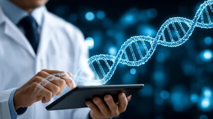 Man scientist analyzing dna structure with digital tablet. Genetic engineering research and medical technology concept for genome study. - Powered by Adobe