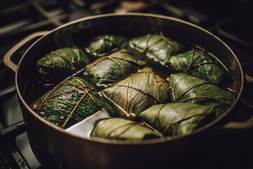 Dark pot simmering leaf-wrapped parcels on a stovetop, emitting steam; savory, fragrant