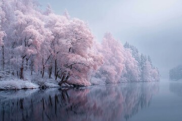 Frost-covered trees line a calm lake, their pink-tinged snow reflecting in the still water under a soft, hazy sky