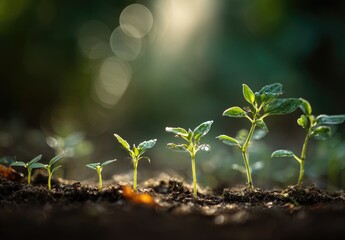 Five young seedlings in rich soil, backlit by soft sunlight, showing stages of growth against a blurred green background