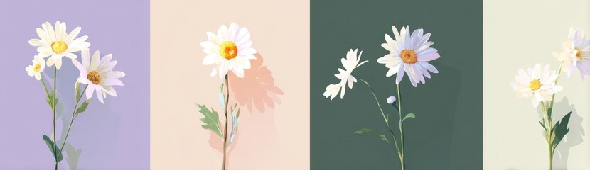 Four stylized daisy arrangements against pastel backgrounds, each showcasing varying bloom counts and subtle color shifts