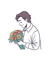 Man Holding Bouquet of Flowers Illustration